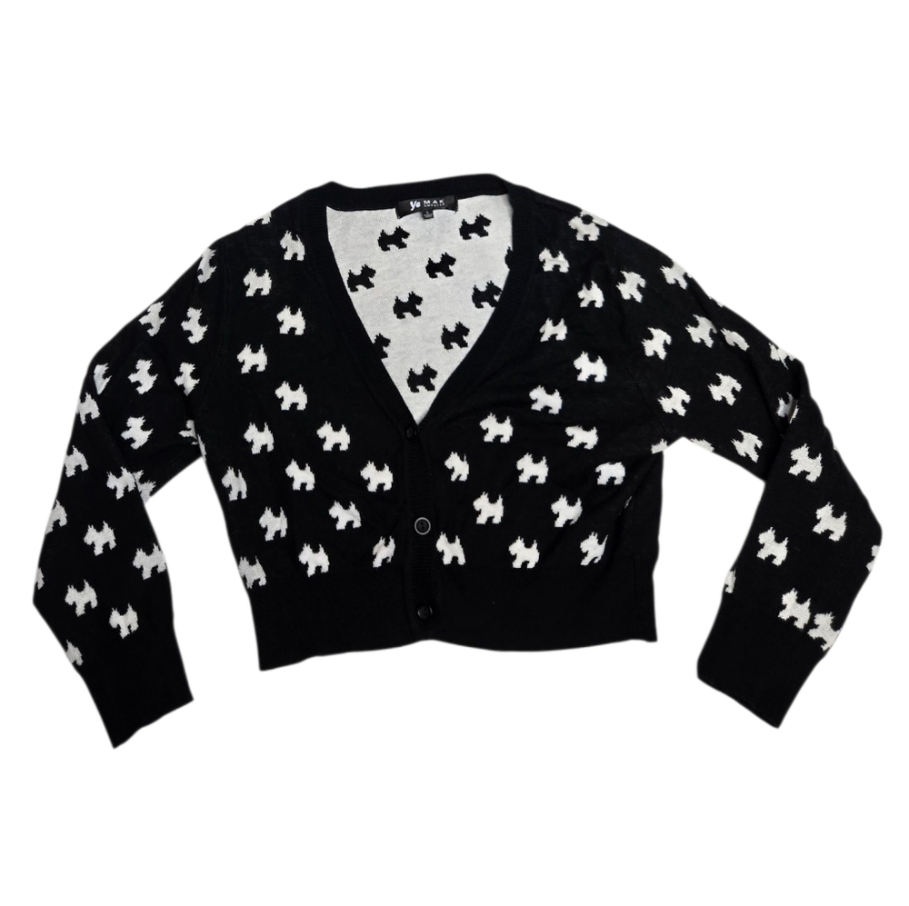 YEMAK black and white cropped Scottie dog button up cardigan sweater L - Picture 3 of 9